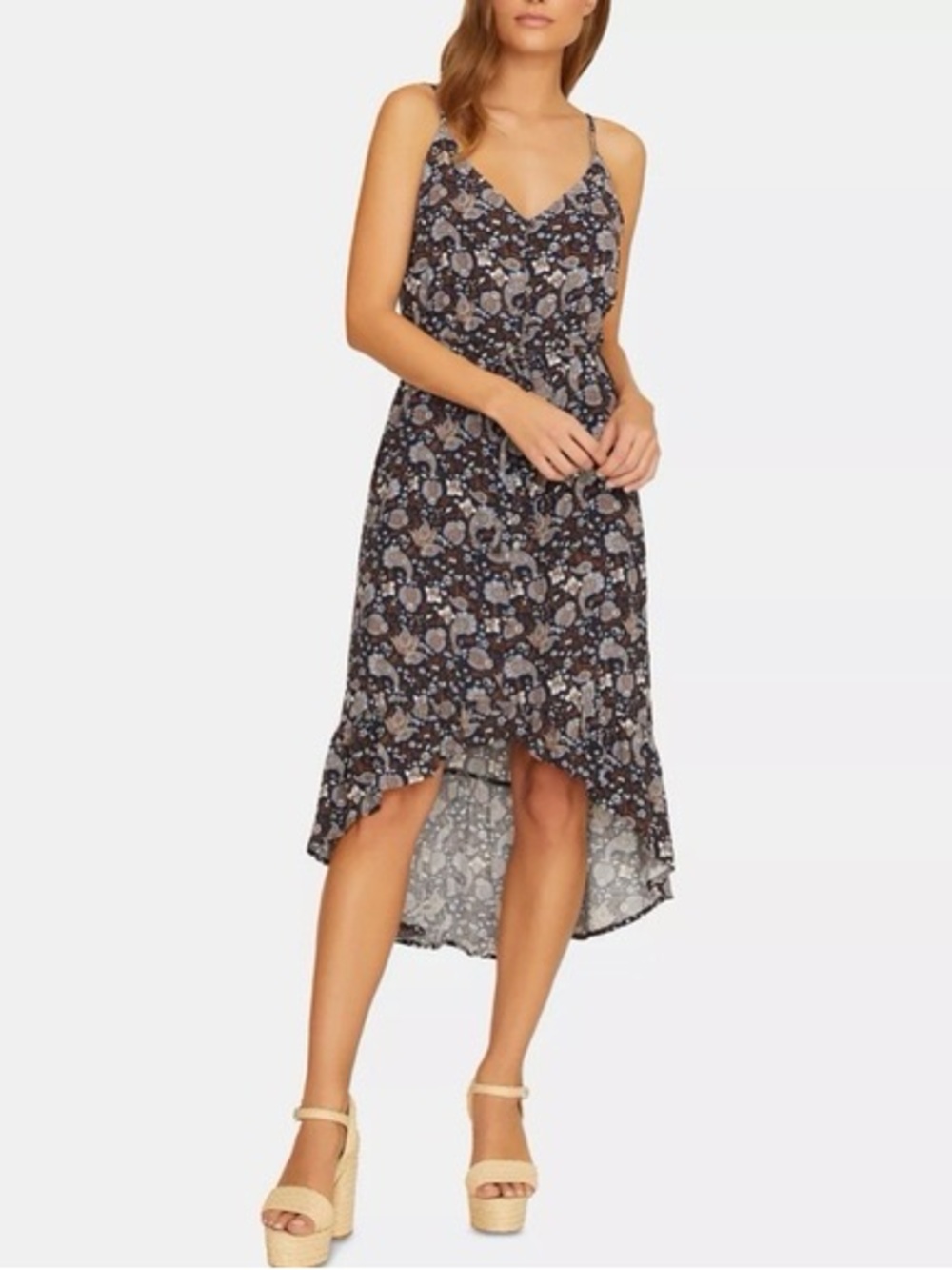 Sanctuary Black Brown Paisley Frill Slip Dress Floral Print Hi Lo - Size S